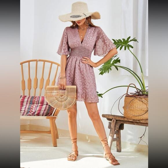 Cute Leopard Print Empire Waist Ruched Flutter Sleeve Mini Dress Pink Size XS - Picture 4 of 8